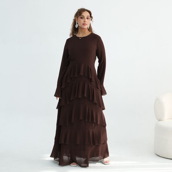 Voya Women's Tiered Maxi Dress Long Sleeve Crew Neck Ruffle Dress In Premium Pearl Chiffon Elegant Evening Party Wear, Flared Skirt, Formal Occasion Gown_ecoleips.com