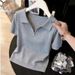 Gray Collared Knit T-Shirt Casual Zipper Design Women's Top Spring Summer Style Youthful New_ecoleips.com