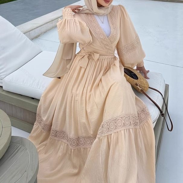 Modest Abaya Dress Elegant Cross-V Neckline Dress With Waist Tie & Lace Trim – Modest Long Sleeve Maxi Dress For Women (Beige, S-XXL)_ecoleips.com