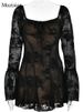 Mozision Elegant Backless Long Flare Sleeve Print Mini Dress Women Fashion Square Collar A-line Pleated Club Party Sexy Dress_ecoleips.com