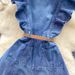 Design Sense V Neck Wood Ear Edge Stitching Single Breasted Waist Slimming Temperament Knee Length Denim Dress_ecoleips.com