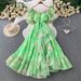 Women's French Style Chiffon Printed Dress Square Neck Puff Sleeve Ruffles Slimming And Flattering for Vacation_ecoleips.com