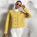 Women Yellow Tweed Double Breasted Cropped Jacket, Round Neck Gold Button Pocket Elegant Little Fragrance Coat_ecoleips.com