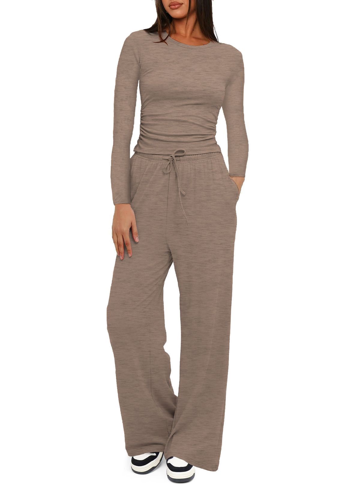 Women's Casual Long Sleeve T-Shirt & High-Waisted Wide Leg Pants Set - Comfortable Loungewear, Workout Outfit, Streetwear (Multiple Colors & Sizes)_ecoleips.com