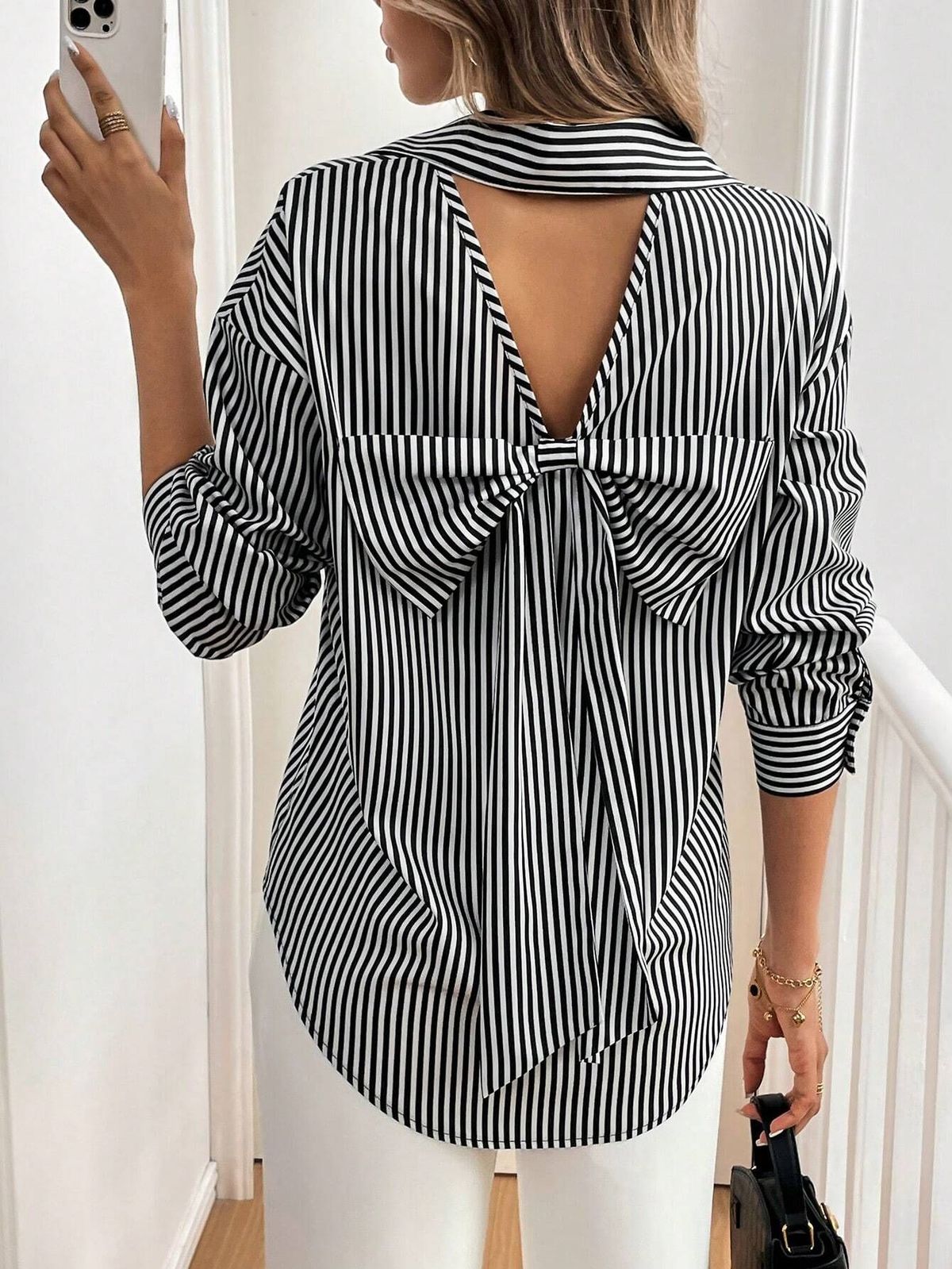Women's Clothing New Elegant Ladies Striped Print Back Bow Front Button Long Sleeve Shirt_ecoleips.com