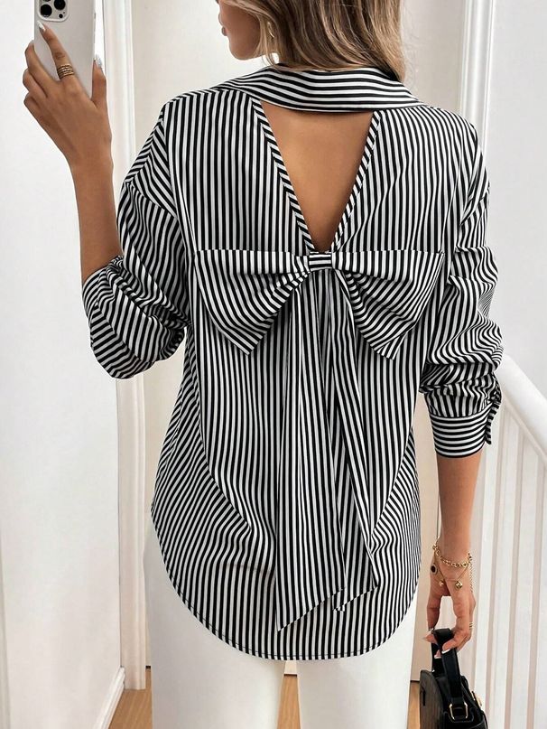 Women's Clothing New Elegant Ladies Striped Print Back Bow Front Button Long Sleeve Shirt_ecoleips.com