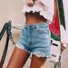 European American Vintage Classic High-waisted Denim Shorts With Side Slits, Holes, And Cat_ecoleips.com