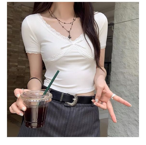 Pure Desire Lace Spliced Bow V-neck Short-sleeved T-shirt Female Summer Hot Girl Inner Slim Slimming Short Top_ecoleips.com