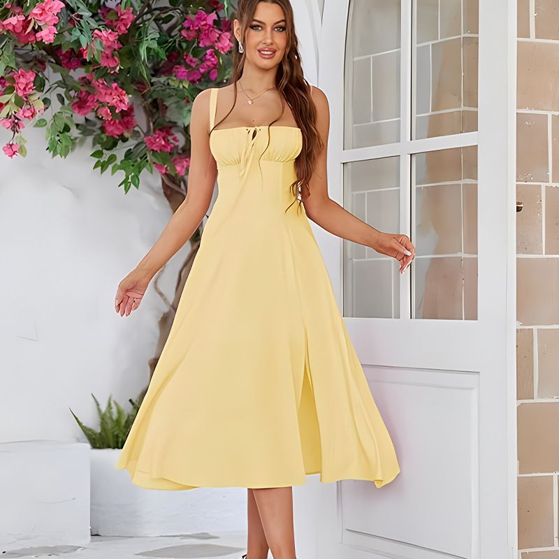 Summer New Hot-selling Slimming Waist Fishbone Shapewear Slit Drawstring Tie Strap Bustier Dress_ecoleips.com