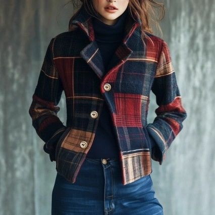 2025 European And American Women's Fashion Independent Station Plaid Retro Warm Autumn Winter Stand Collar Patchwork_ecoleips.com