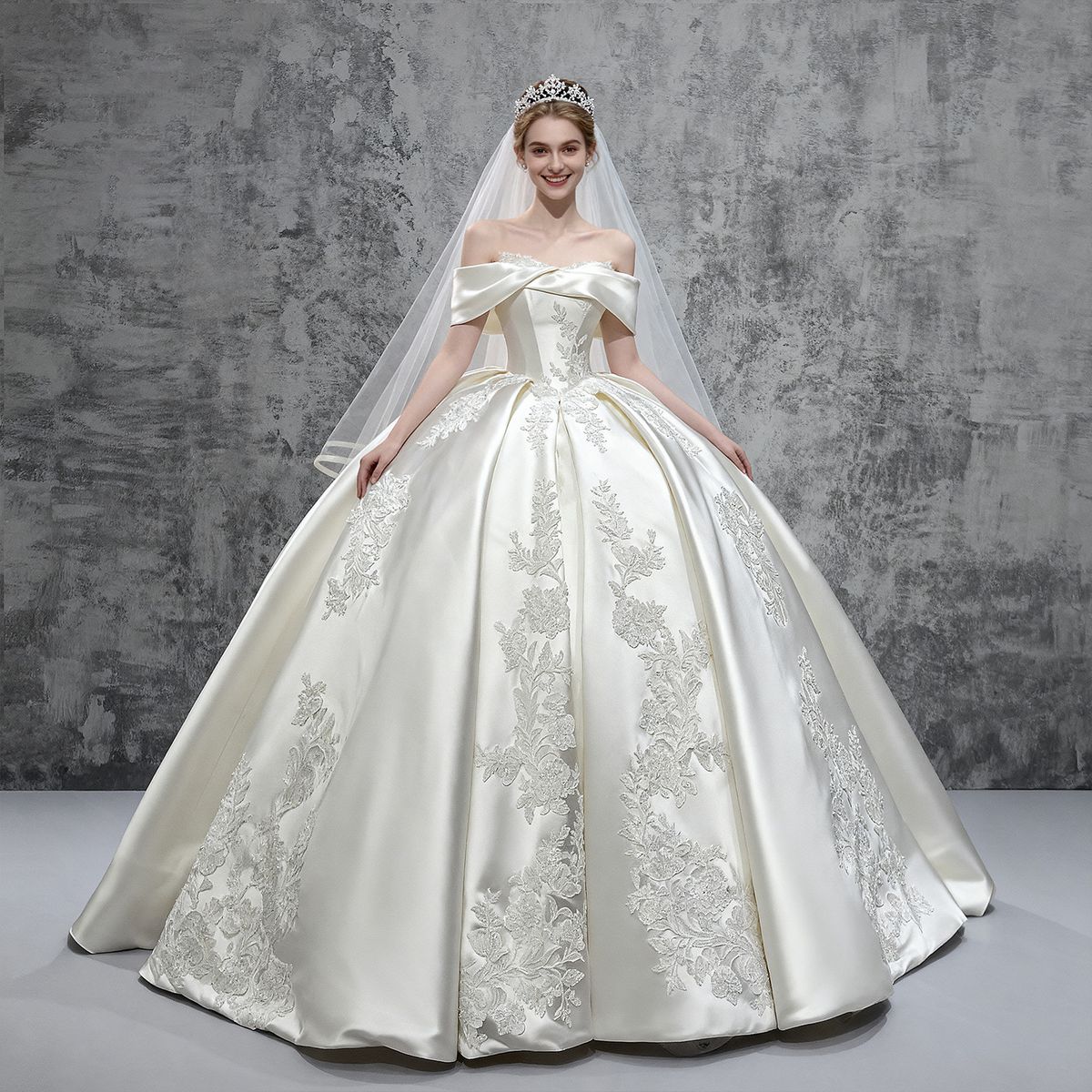 Winter Collection French Style Satin Wedding Dress Off The Shoulder Gown With Train High Quality Haute Couture New_ecoleips.com