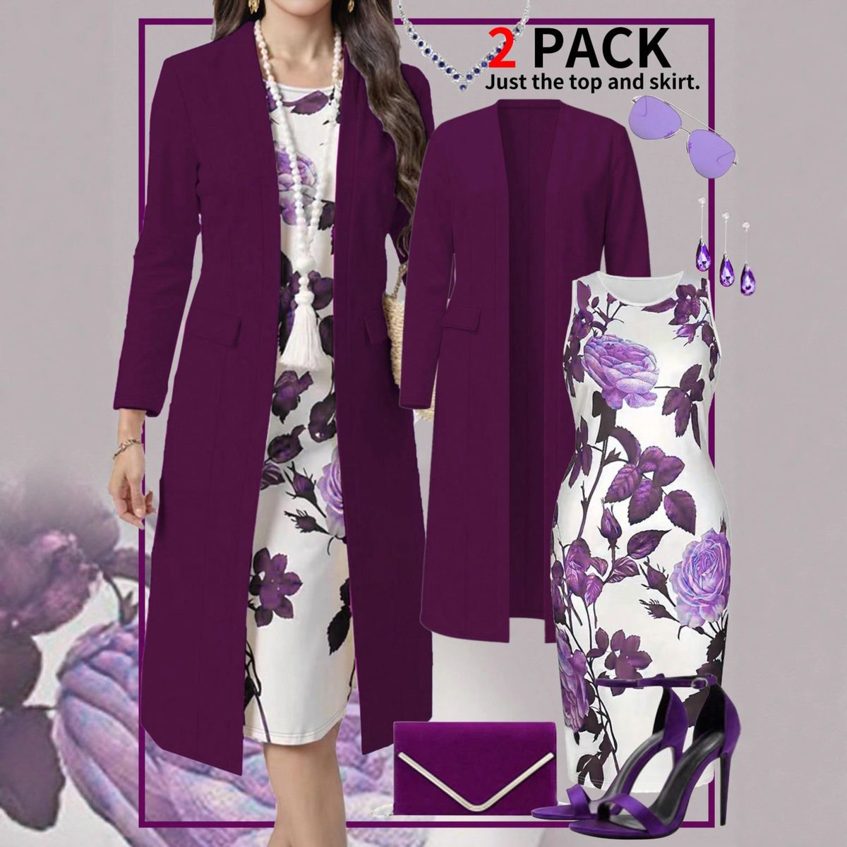 Women's Clothing Two Piece Set Dress Long Sleeved Cardigan Jacket Blue White Color Block Porcelain Print_ecoleips.com