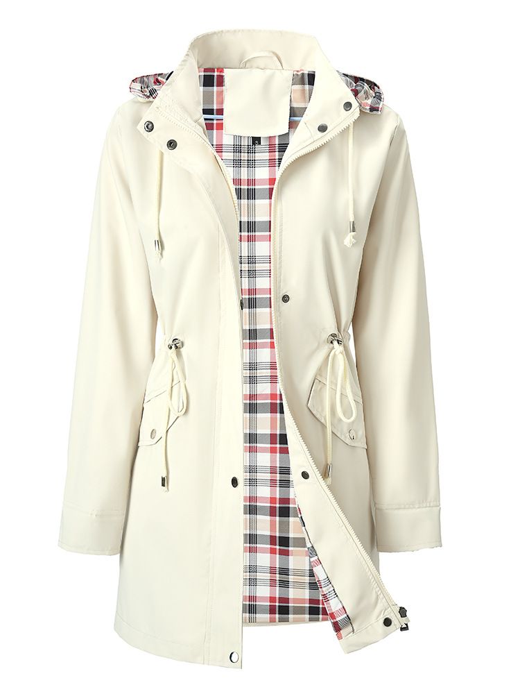 Water-Resistant Hooded Trench Coat – Lightweight Longline Jacket With Plaid Lining (S-XXL, White/Red/Black/Purple)_ecoleips.com