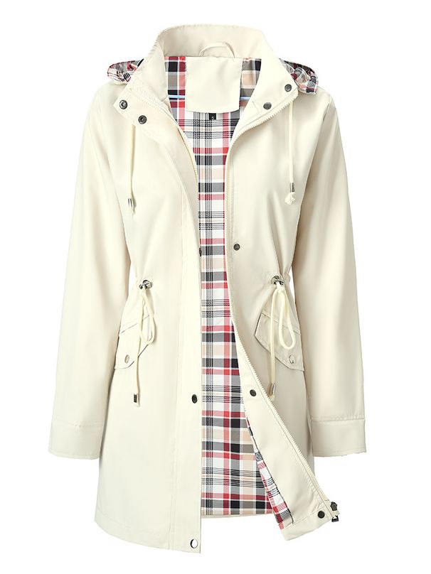 Water-Resistant Hooded Trench Coat – Lightweight Longline Jacket With Plaid Lining (S-XXL, White/Red/Black/Purple)_ecoleips.com