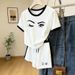 Women's Clothing Summer Two Piece Set Breathable Fun Print Color Block Crew Neck Short Sleeve Winking Design 8010_ecoleips.com