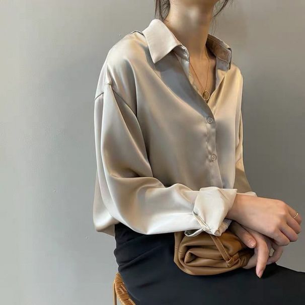 Women's Clothing acetate satin shirt women's glossy outer wear drape long sleeved shirt design niche light mature top spring_ecoleips.com