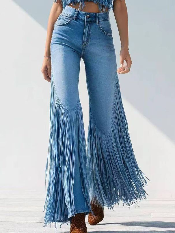Women's Clothing Denim Trousers Long Fringed Patchwork Hem Irregular Design High-Quality Material_ecoleips.com