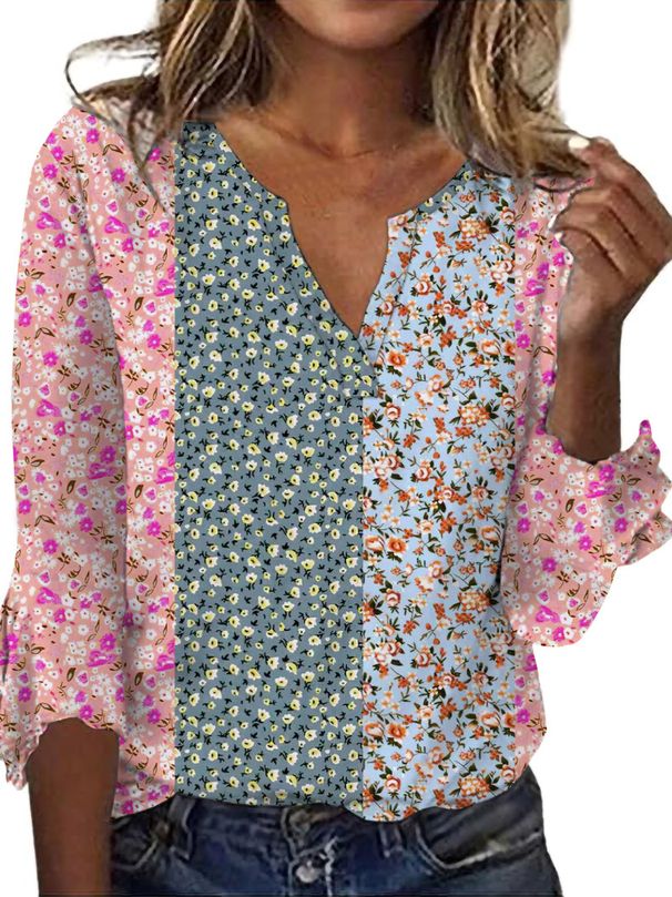 2024 New Cross-Border Fashion Apparel: Casual V-Neck Three-Quarter Sleeve Loose Pullover Digital Print Women's T-Shirt_ecoleips.com