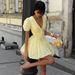 Talenza Puff Sleeve Mini Dress Women's Lace Up V Neck Embroidered Flower Decoration Slim Dress Lady Fashion Elegant Casual Dress_ecoleips.com