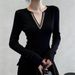 Women's Clothing Retro Black Chain V Neck Knitted Base Layer Top For Women Slimming Long Sleeve Autumn Winter Sexy Fitted Waist T-Shirt_ecoleips.com