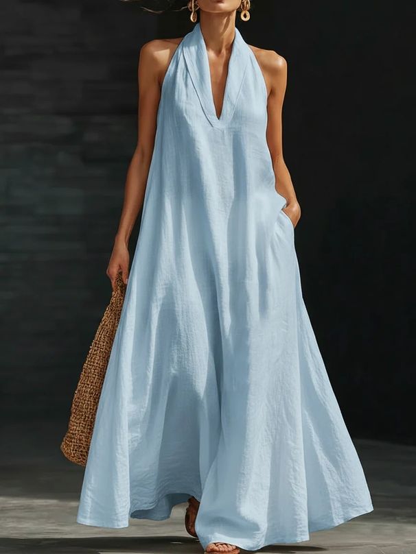 Women's V-Neck Sleeveless Maxi Dress Summer Vacation Beach Coverup Flowy 5 Solid Colors Available_ecoleips.com