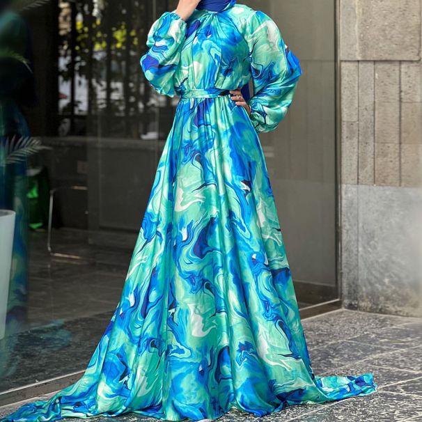 Modest Abaya Dress/Muslim Dress Women Elegant Floral Print Maxi Dress – Long Boho Dress With High Neck & Belt Detail_ecoleips.com