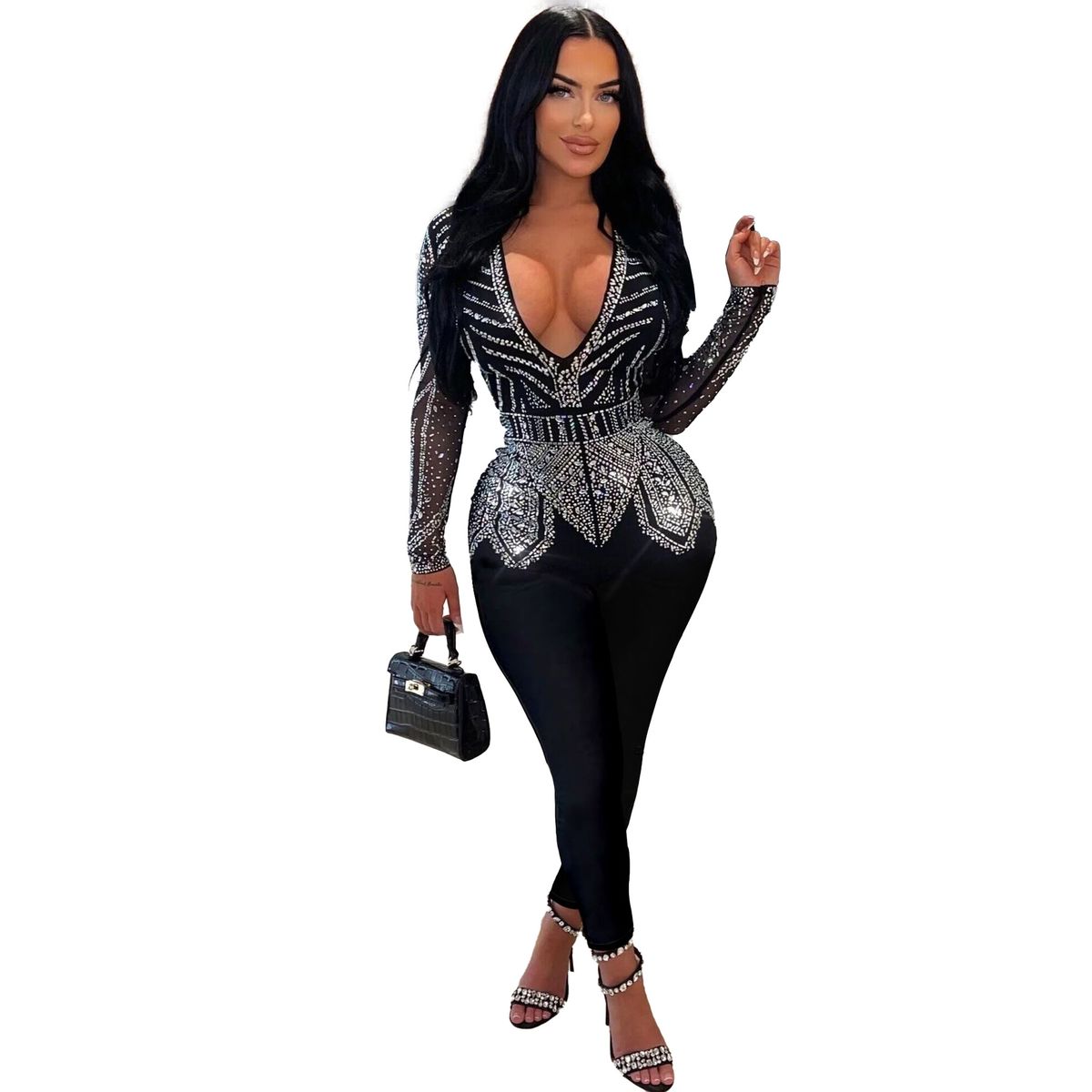 Women's sexy slim fit hip-hugging hot diamond V-neck elastic tight jumpsuit_ecoleips.com