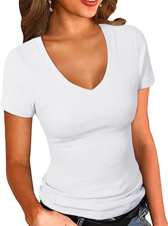 Women's Clothing Slim Fit Solid Color T-Shirt V Neck Short Sleeve Patchwork Design Summer Sexy Top_ecoleips.com