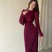 Women's Clothing Solid Color Simple Waist Sexy Hip Skirt Long Sleeve Pleated Elegant Dress_ecoleips.com
