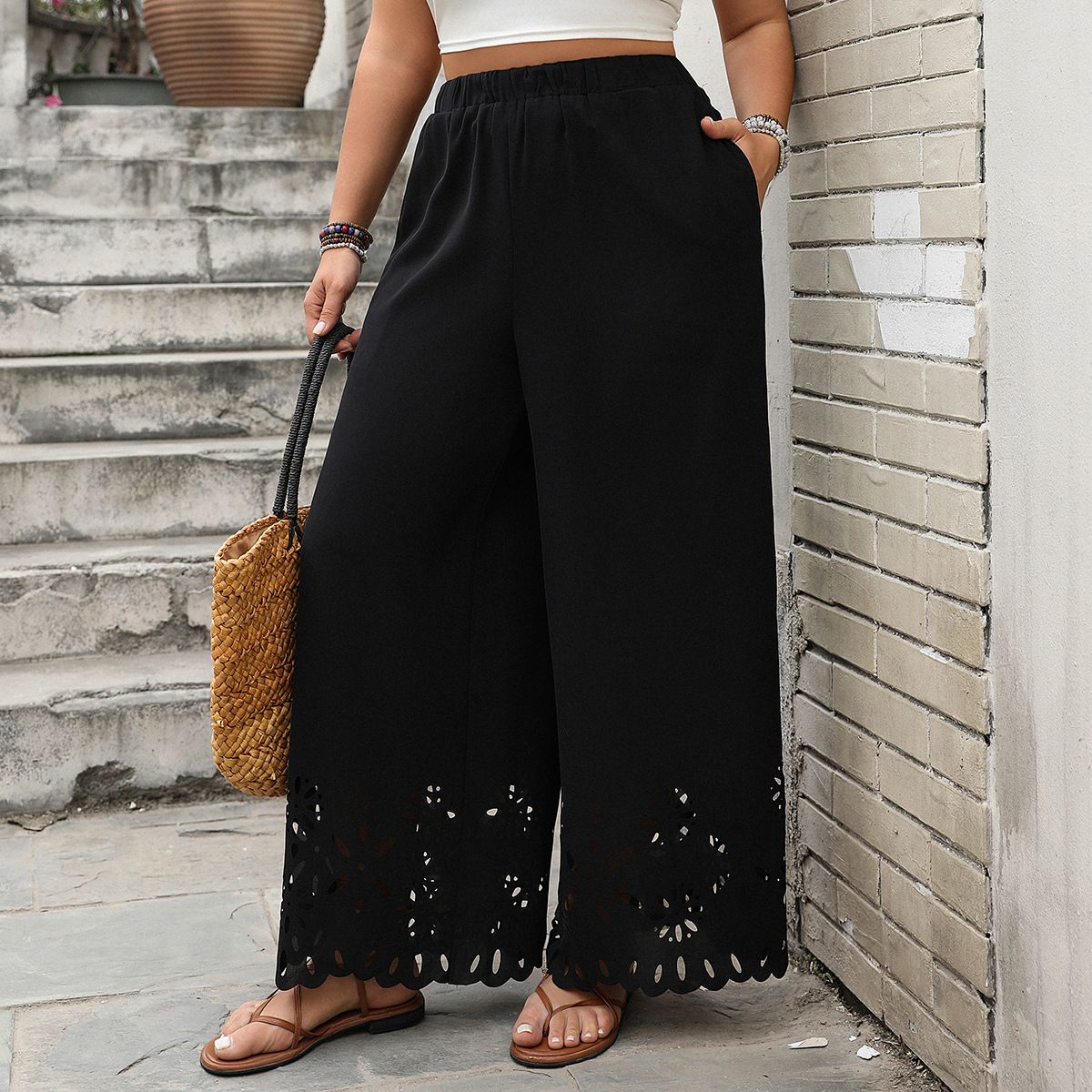 Women's Clothing Spring And Summer New Products Loose Wide Leg Pants Plus Size Hem Hollow Black Pants_ecoleips.com