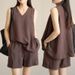 Fashion And Casual Sleeveless Shorts Set For Women In Summer 2025, New Loose Plus V-neck Solid Color Vest Two-piece Set_ecoleips.com