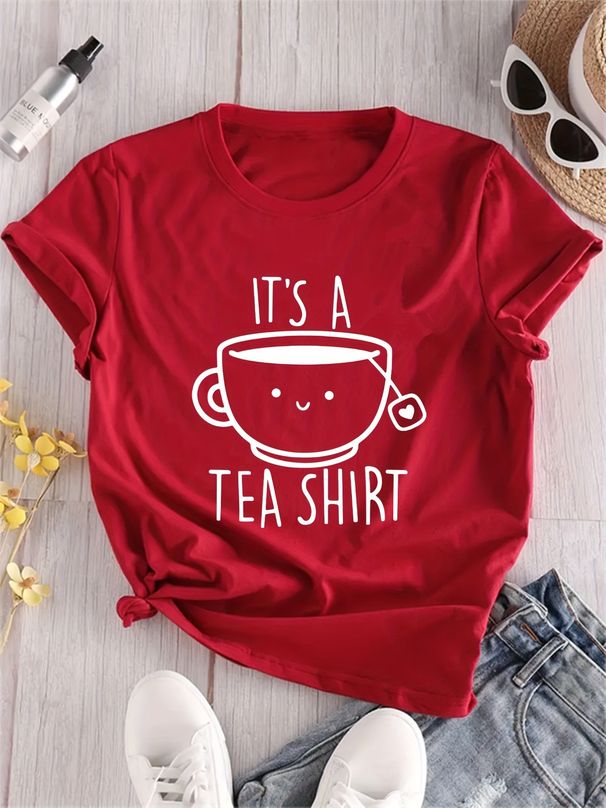 Women'S Casual Crew Neck T-Shirt Fashion Tee With "It's A Tea Shirt" Alphabet Cartoon Teacup Pattern Printed Summer Clothing_ecoleips.com