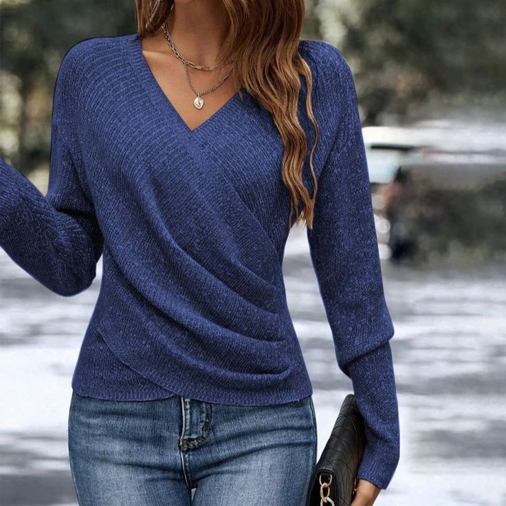 Women's V Neck Long Sleeve Knit Sweater Solid Color Crossover Design_ecoleips.com
