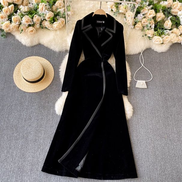 Women's Long Trench Coat With Notched Lapel, Velvet Overcoat, Loose Fit, Knee-Length Elegant Coat For Autumn & Winter_ecoleips.com