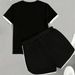 Women's Valentine's Day Letter Print Set Black White Color Block Short Sleeve T-Shirt Drawstring Shorts Two Piece Outfit_ecoleips.com