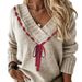 Women's Clothing Soft Ribbon V-Neck Knit Sweater For Women, Lightweight Pullover With Comfortable Fall & Spring Wear, Casual Long Sleeve Top In Khaki_ecoleips.com