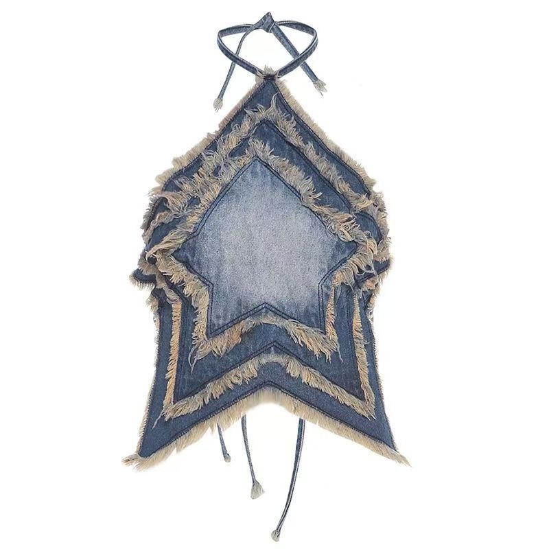 Women's Clothing Raw Edge Five Pointed Star Patch Halter Neck Vest Slimming And Age Reducing_ecoleips.com