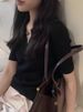 2026 New Black V-neck Short-sleeved Polo Shirt Women's Summer Slim-fitting And Thin Shoulder T-shirt High-end Half-sleeved Top_ecoleips.com
