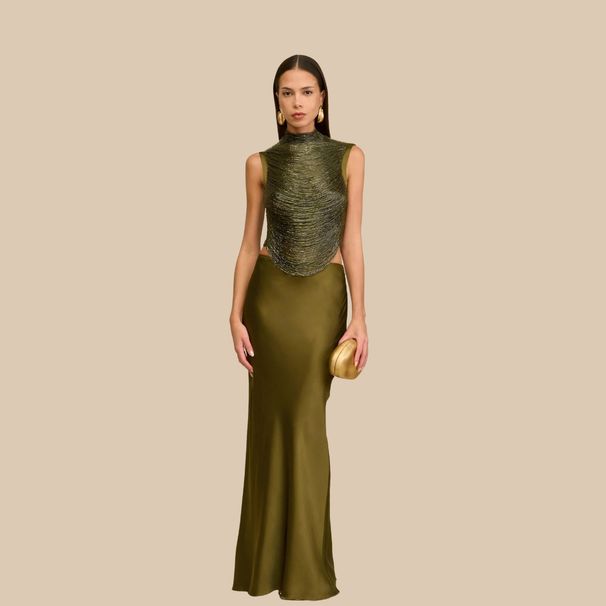 High End Women's Summer Two-Piece Set Sleeveless High Neck Tassel Patchwork Top With Satin Skirt Ensemble New Style For Spring Autumn_ecoleips.com