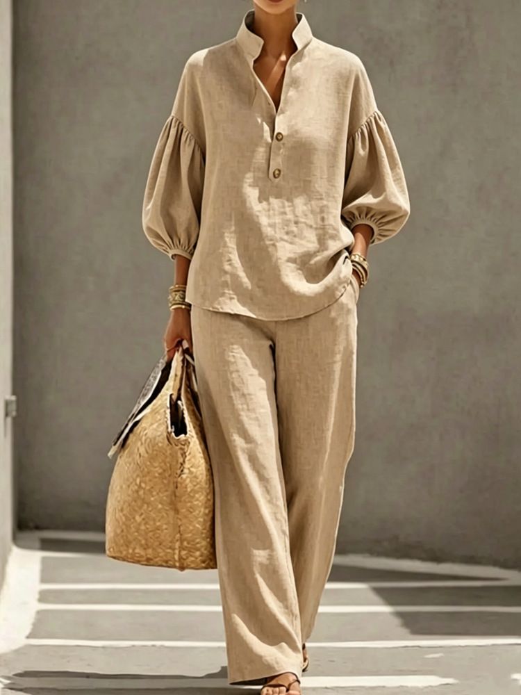 Women's Casual Stand Collar Long Sleeve Trousers Set Multi Color Washed Cotton New_ecoleips.com