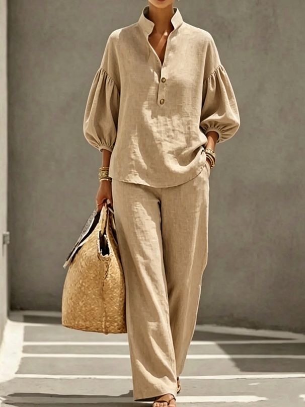 Women's Casual Stand Collar Long Sleeve Trousers Set Multi Color Washed Cotton New_ecoleips.com