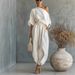 Women's Clothing Spring Casual Loose Wide Leg Pants And Lantern Tops Set Style Cotton Linen Blend Long Sleeve For Formal & Casual For Women_ecoleips.com