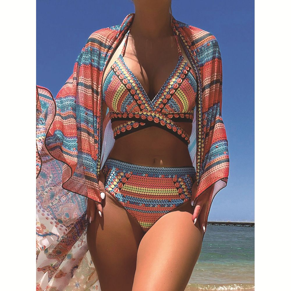 Three Piece Swimsuit Set High Waist Cross Strap Bikini Print Sheer Cap Sexy Vacation Style Polyester Swimwear For Women_ecoleips.com
