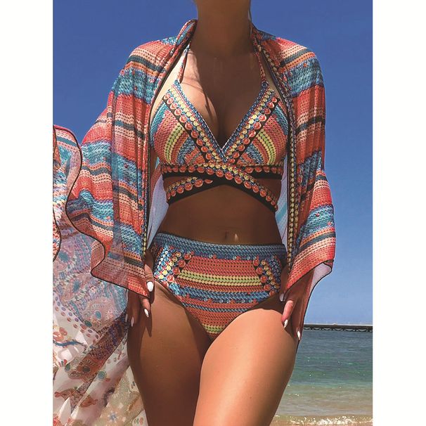 Three Piece Swimsuit Set High Waist Cross Strap Bikini Print Sheer Cap Sexy Vacation Style Polyester Swimwear For Women_ecoleips.com