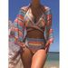 Three Piece Swimsuit Set High Waist Cross Strap Bikini Print Sheer Cap Sexy Vacation Style Polyester Swimwear For Women_ecoleips.com