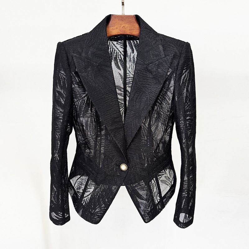 Trendy Embroidered Mesh Blazer Jacket For Women – Slim Fit Breathable Openwork Coat With Double-Breasted Design, Fashionable Streetwear Outerwear_ecoleips.com