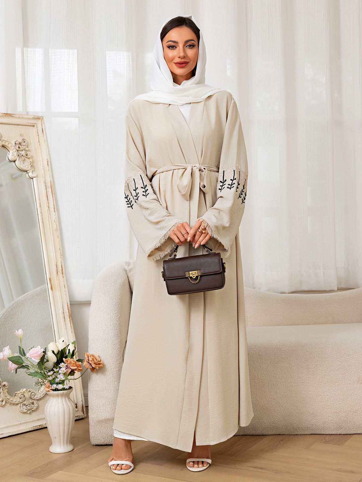 Verve Embroidered Belted Muslim Long Dress Fashionable Elegant Cardigan Abaya Robe_ecoleips.com