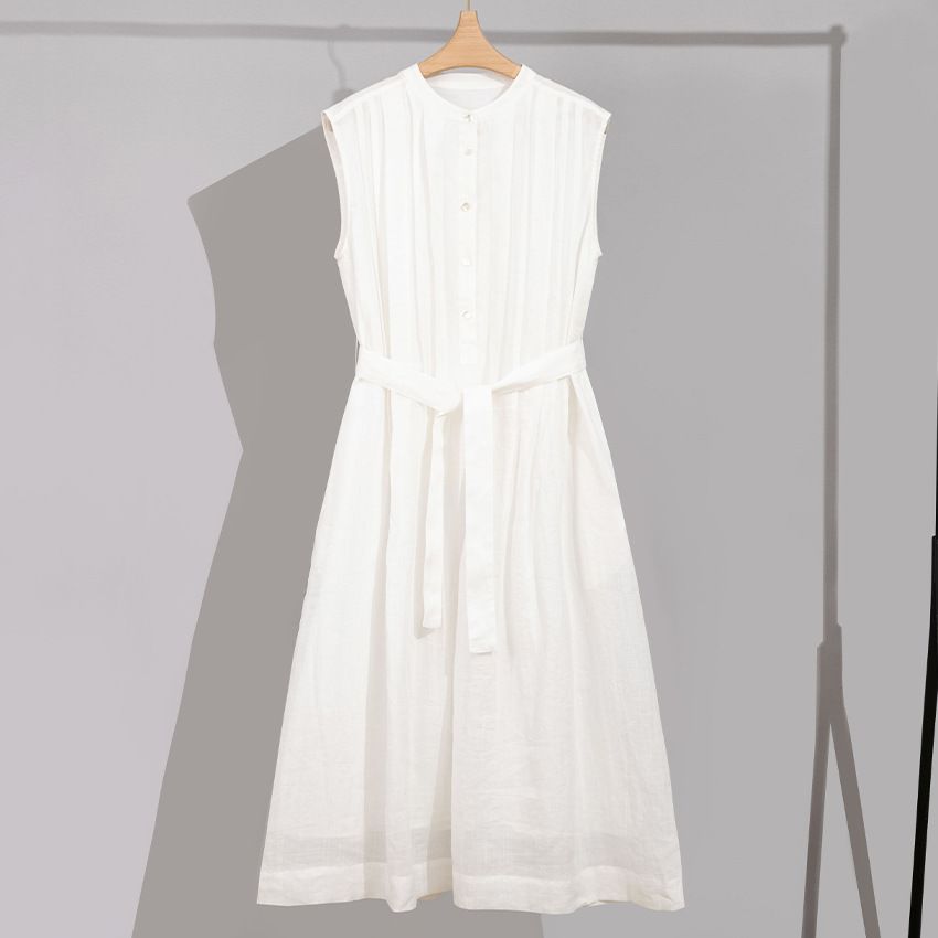 Xiaohe Style Ramie For Women Summer High-end Feel Belted Sleeveless Long A-line Textured Dress White_ecoleips.com