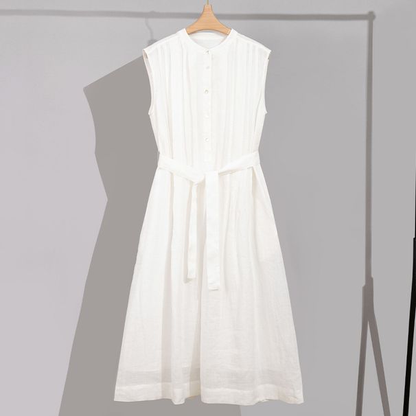 Xiaohe Style Ramie For Women Summer High-end Feel Belted Sleeveless Long A-line Textured Dress White_ecoleips.com