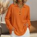 Women's Clothing Fashionable V Neck Button Up Waffle Knit Top Women's Loose Pullover Long Sleeve Solid Color European American Style_ecoleips.com